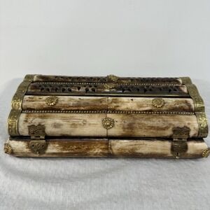 Vintage Camel Bone Brass Embossed Accents Trinket/Jewelry Box Hinged Latch 9"